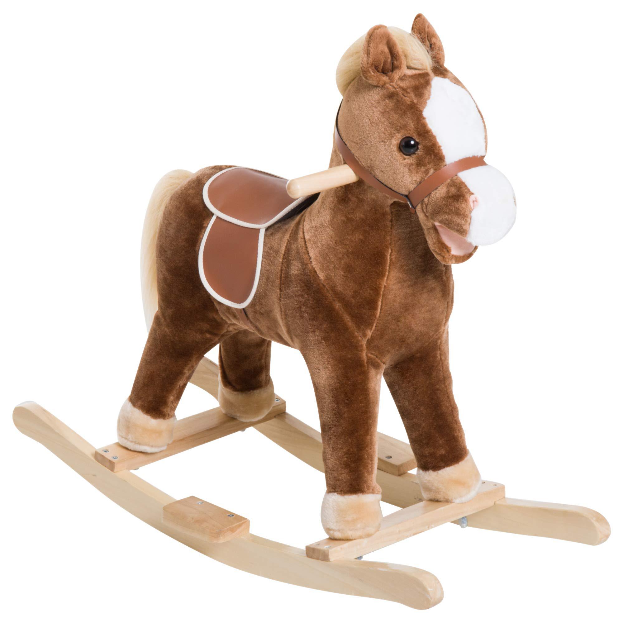 qaba kids plush toy rocking horse ride on with realistic sounds - brown