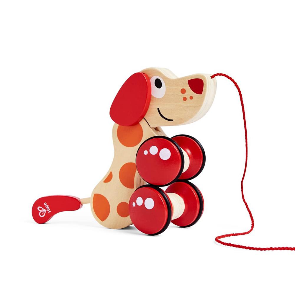 Hape walk-a-long puppy wooden pull toy by hape | award winning push pull toy puppy for toddlers can sit, stand and roll. rubber ri