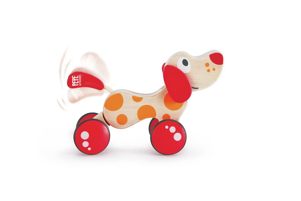 Hape walk-a-long puppy wooden pull toy by hape | award winning push pull toy puppy for toddlers can sit, stand and roll. rubber ri