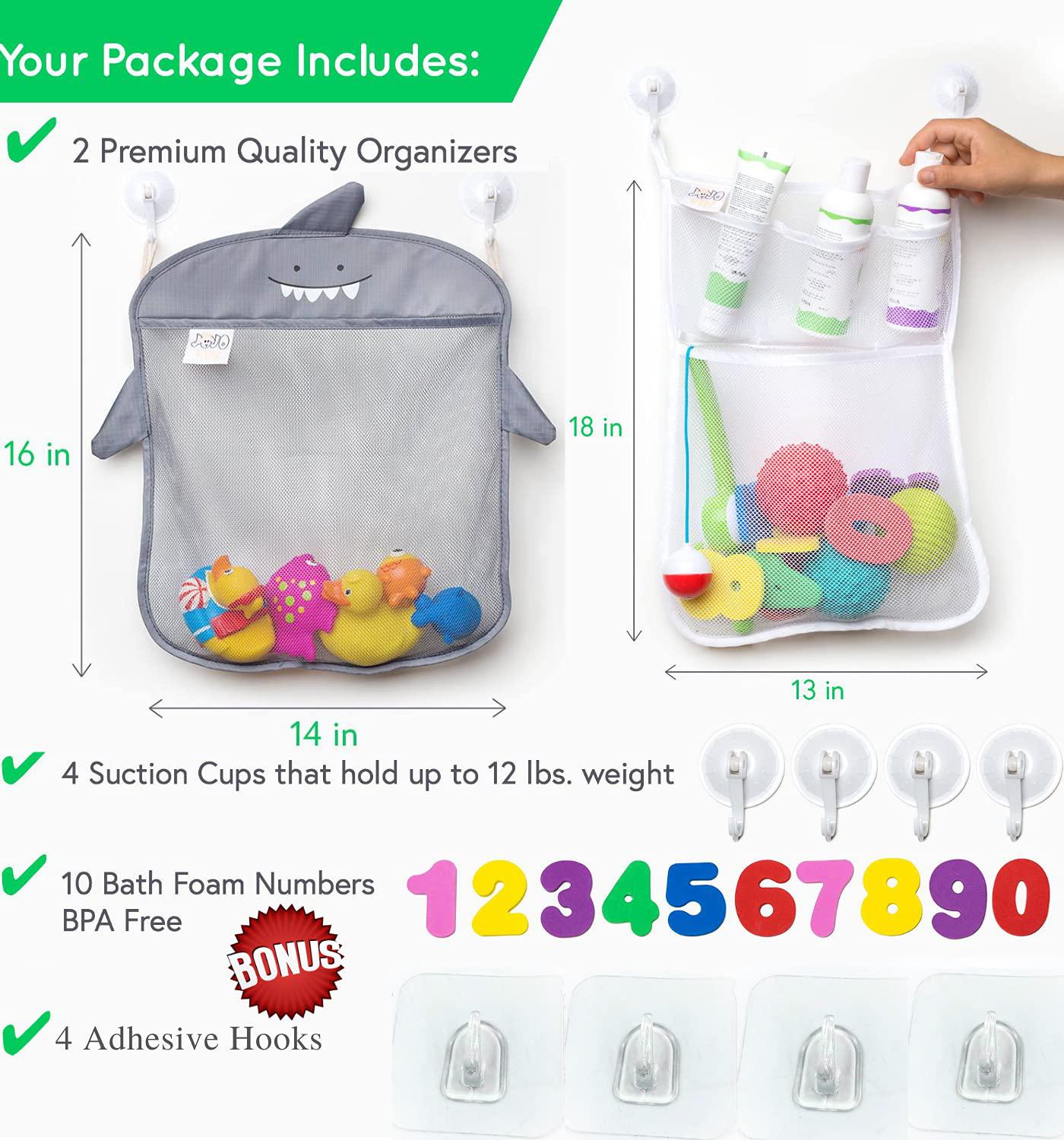 jojookids bath toy storage set of 2 + 10 eco-safe foam numbers | bath toy organizer mesh net shower caddy for baby bath toys 