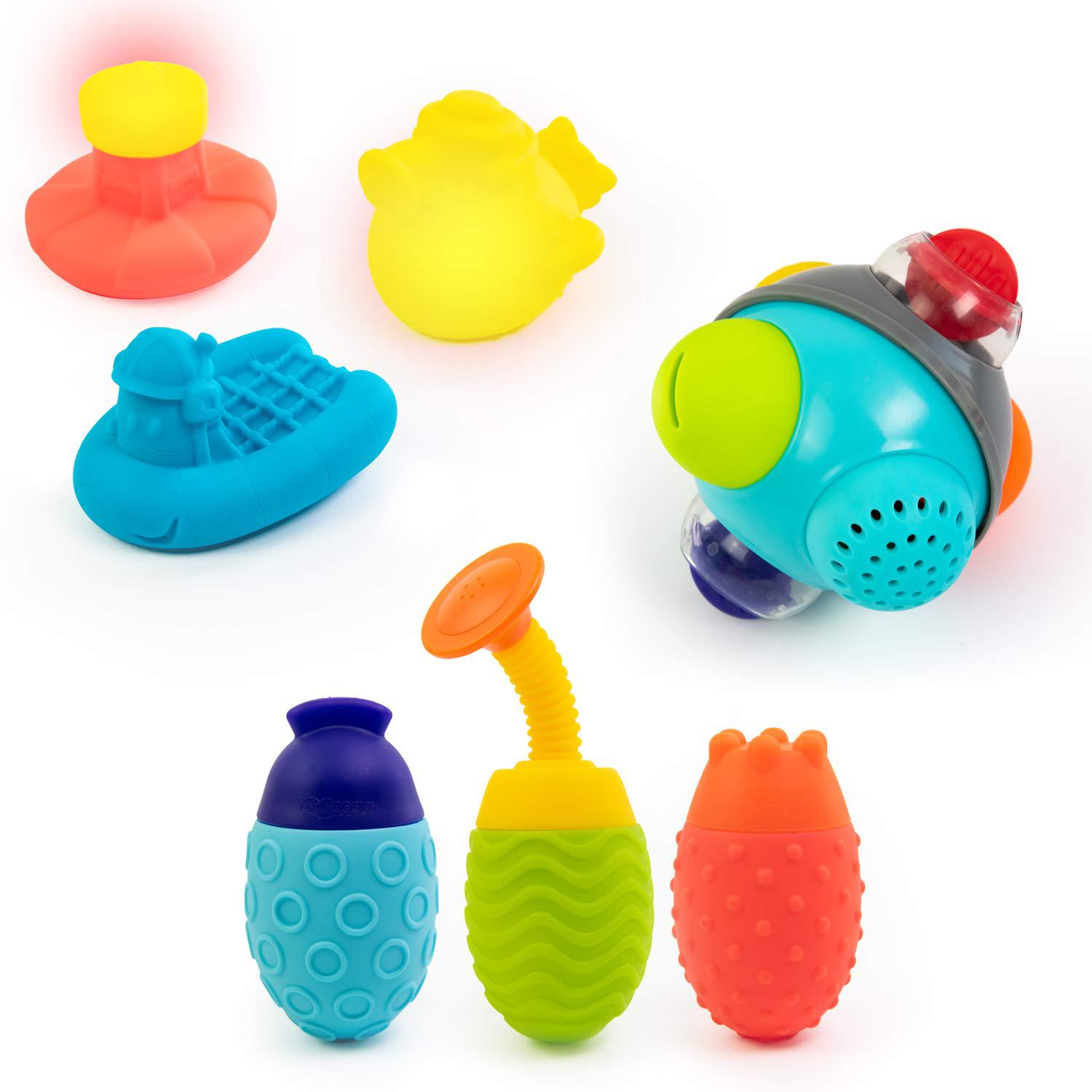 sassy light up buoy, boats, shower ball & ez squeezies bath toys 7piece set - ages 6+ months