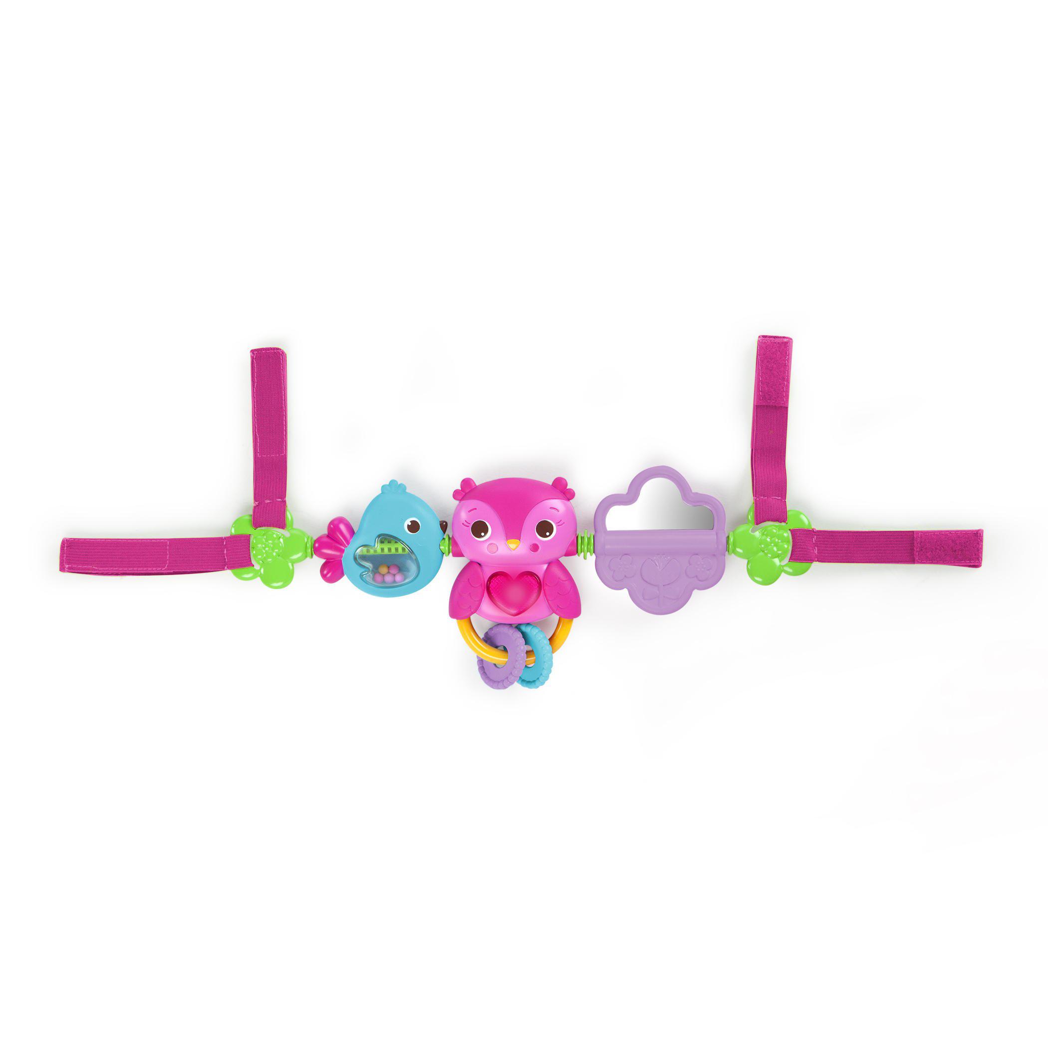 bright starts busy birdies carrier toy bar musical take-along toy with lights, ages newborn +, pink