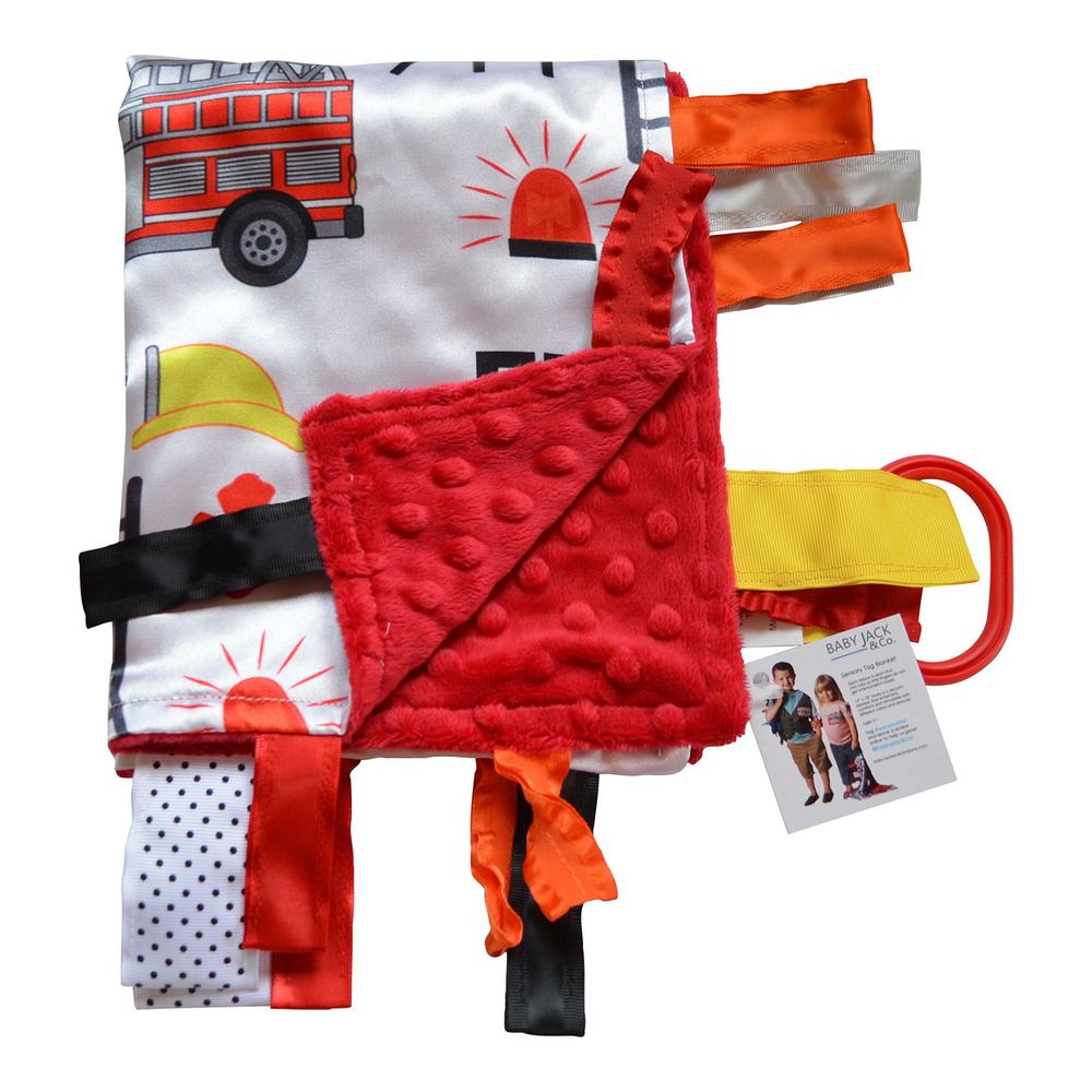 The Learning Lovey baby sensory, security & teething closed ribbon tag lovey blanket with minky dot fabric: 14x18 (firefighter)