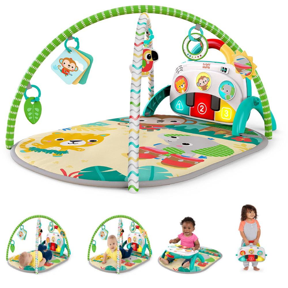 bright starts 4-in-1 groovin kicks piano gym, tummy time play mat & activity baby toys, green - tropical safari, newborn to t