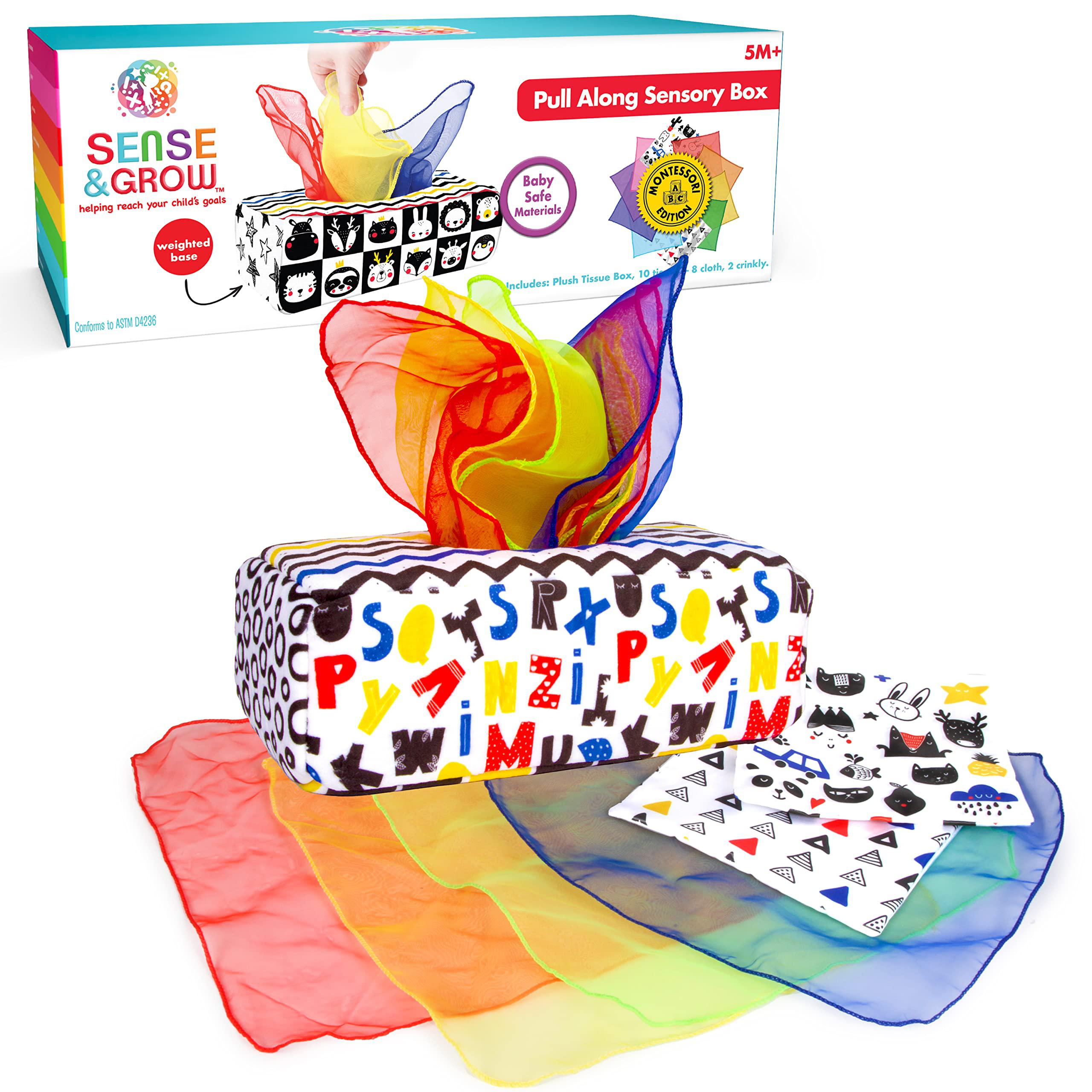 creative kids pull along sensory box montessori edition - high-contrast black and white first colors plush tissue box 5m+