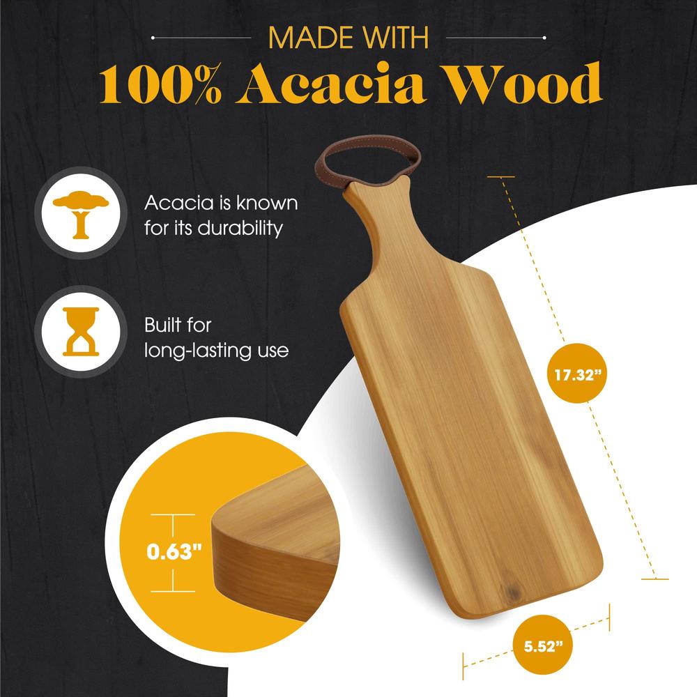 american atelier acacia wood cutting board with leather handle | large chopping board | wooden serving tray for cheese, meats