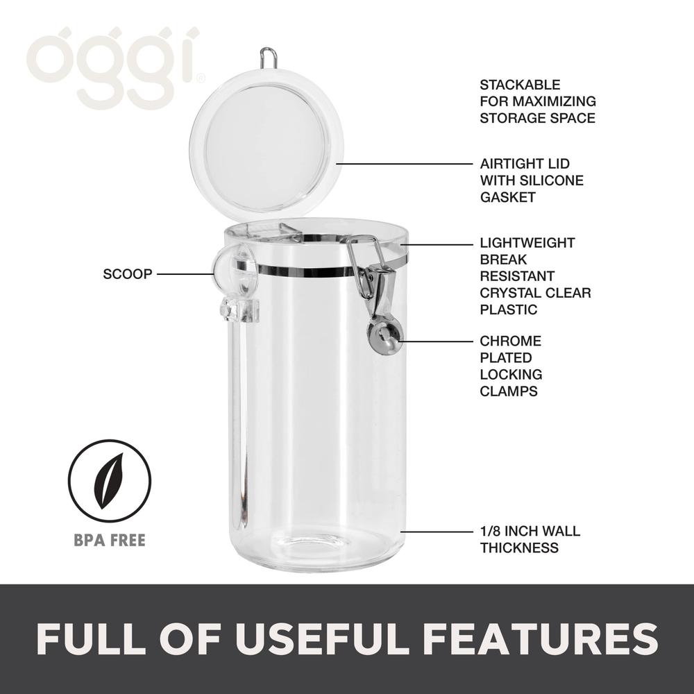 oggi clear clamp canister w/scoop (9" h, 72 oz)