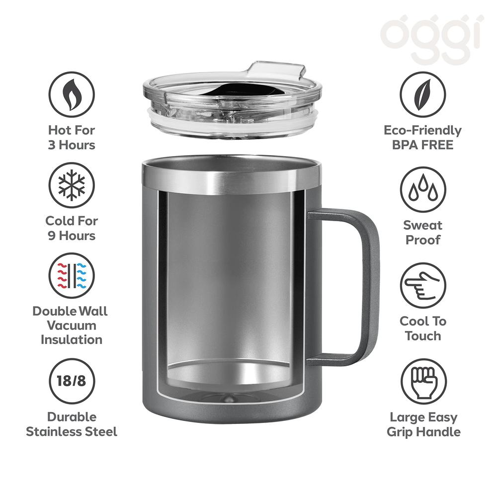oggi thermomug stainless steel insulated mug- double wall vacuum insulated w/handle & lid, coffee cup, camping mug, travel th