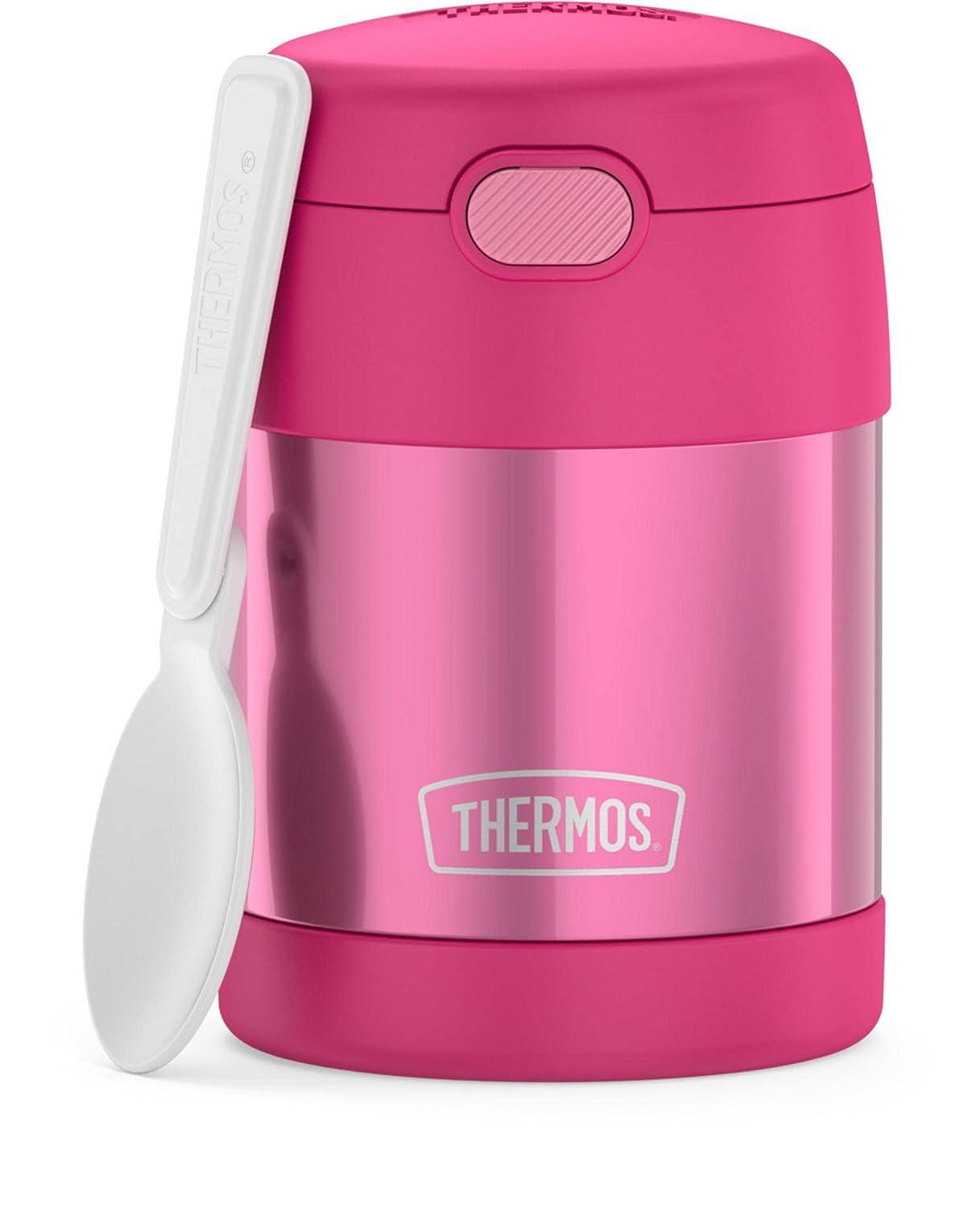 thermos funtainer 10 ounce stainless steel vacuum insulated kids food jar with folding spoon, pink