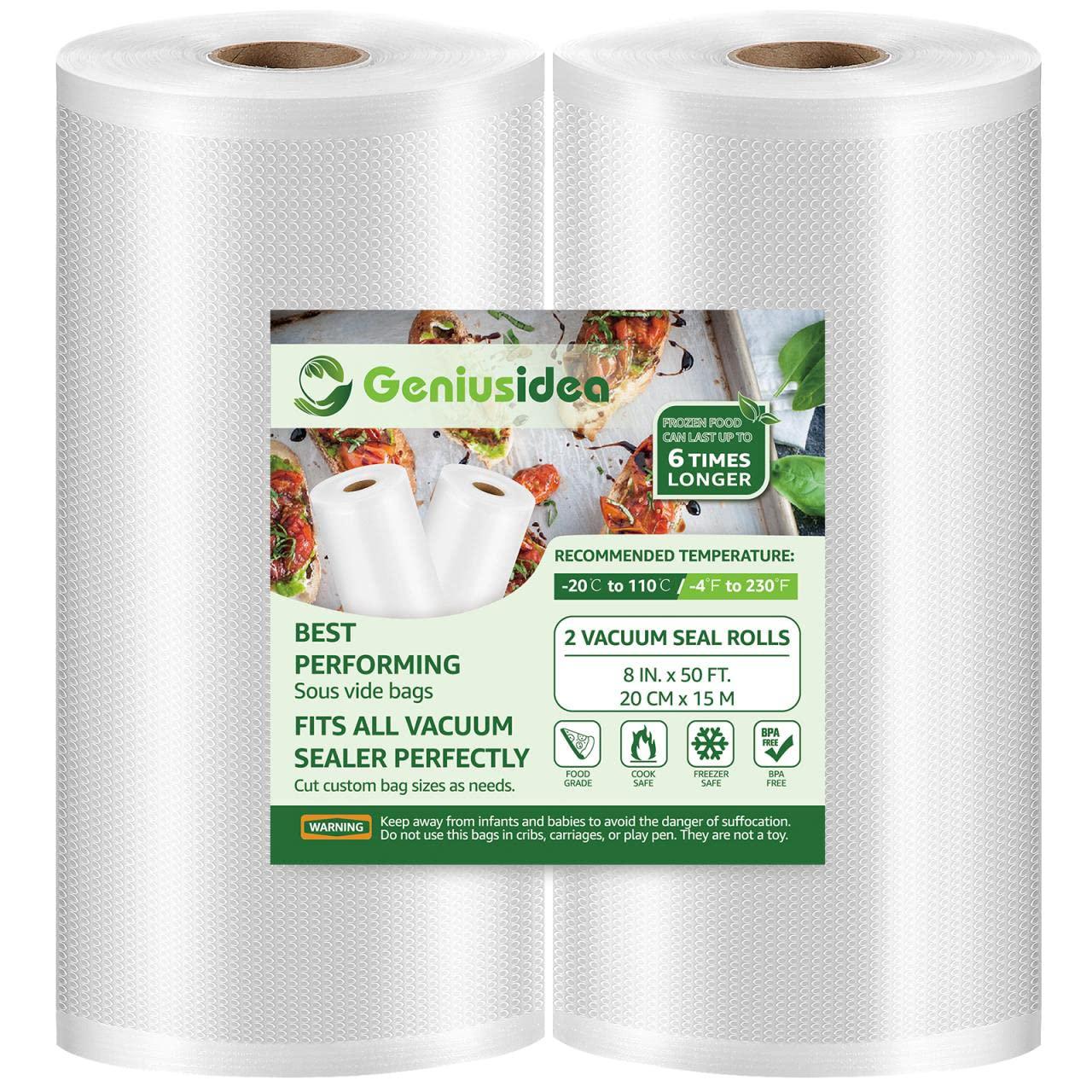 geniusidea vacuum sealer bags 8''x50' 2 pack for food saver, seal a meal, bpa free, commercial grade, custom fit food saver b