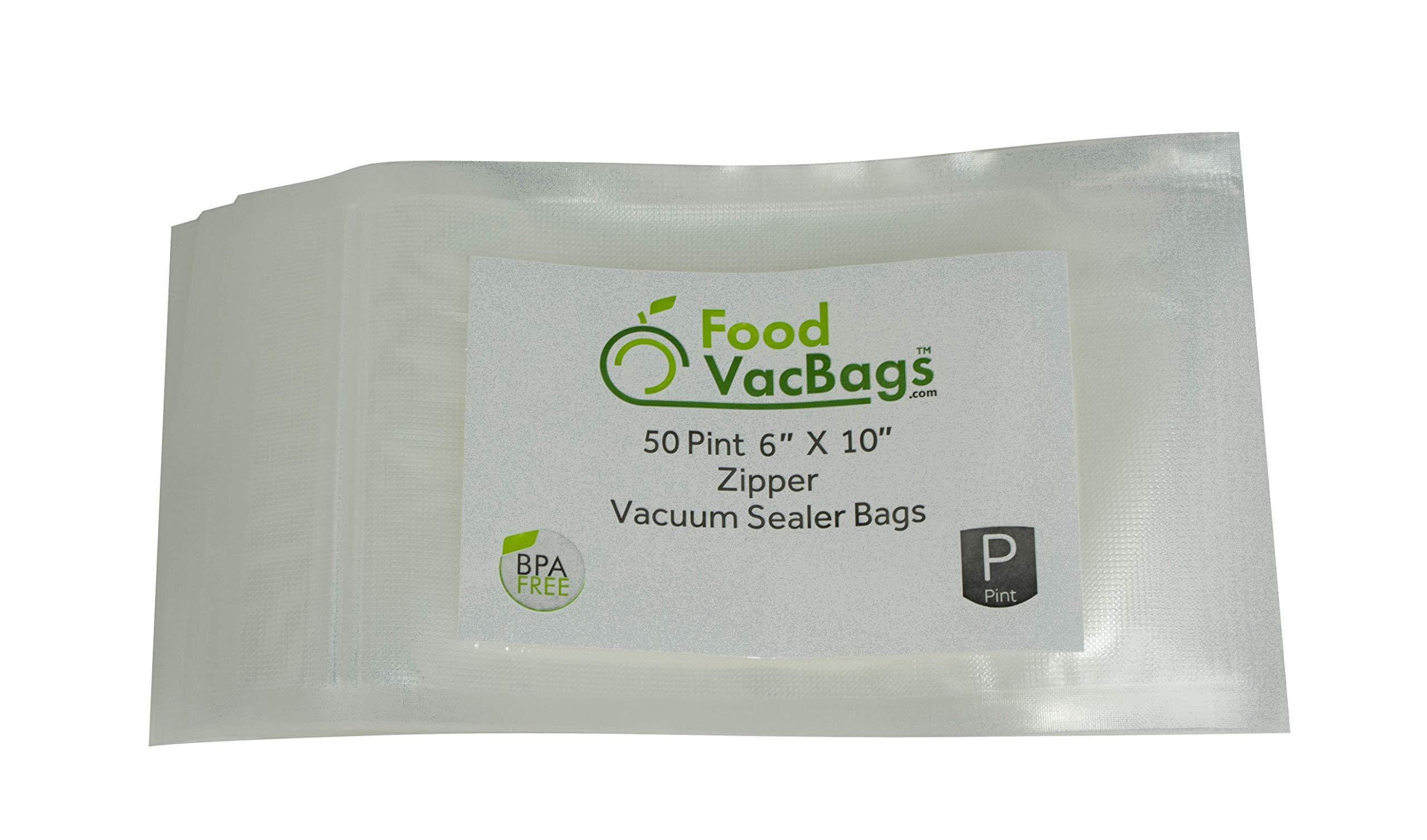 FoodVacBags zipper vacuum seal bags (50 count), foodvacbags compatible with weston, foodsaver, heavy-duty commercial storage, clear (pint