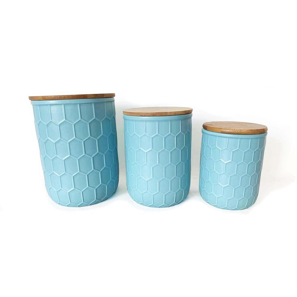 first of a kind kitchen canisters - blue stoneware canisters with bamboo lids, set of 3 storage canister container set - hone