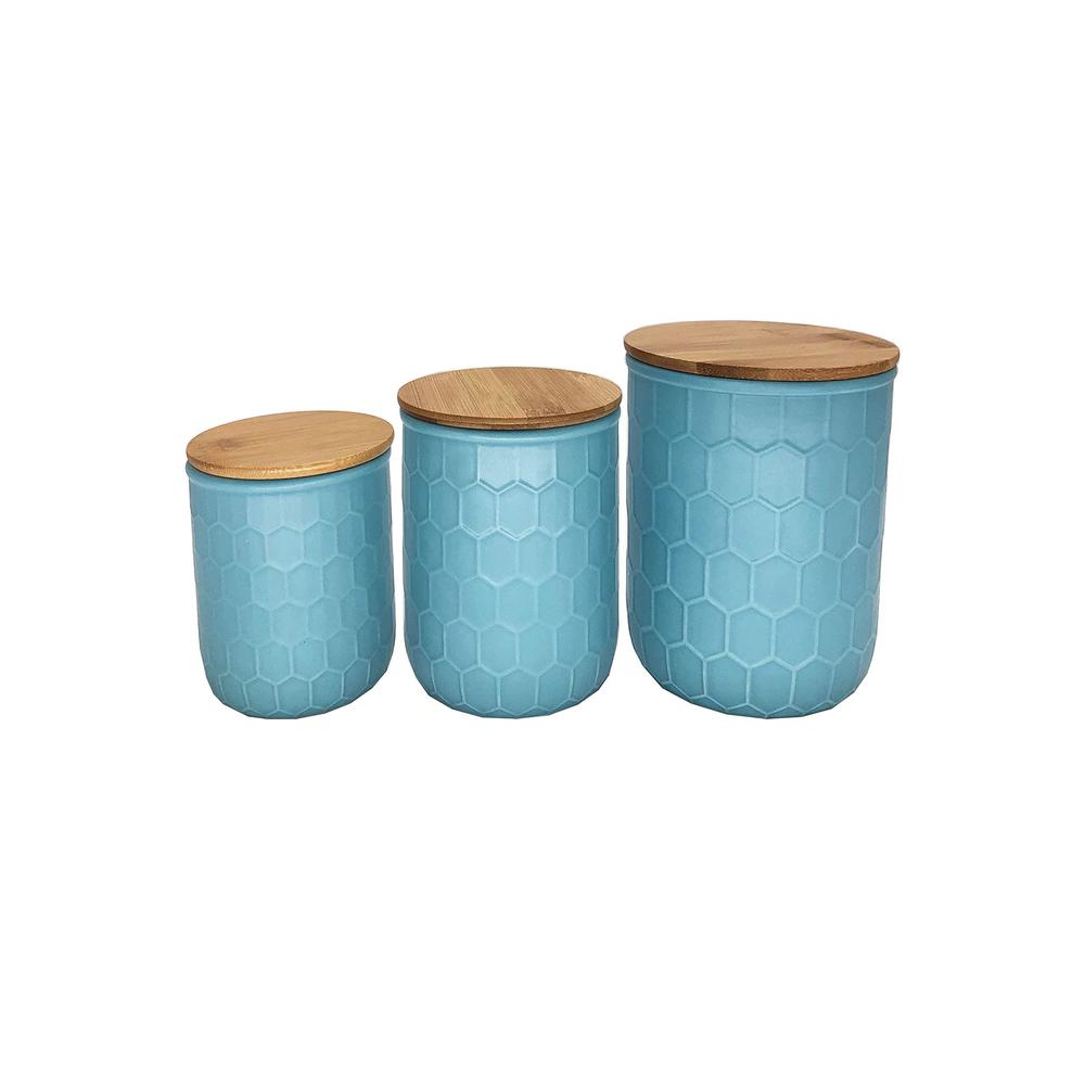 first of a kind kitchen canisters - blue stoneware canisters with bamboo lids, set of 3 storage canister container set - hone