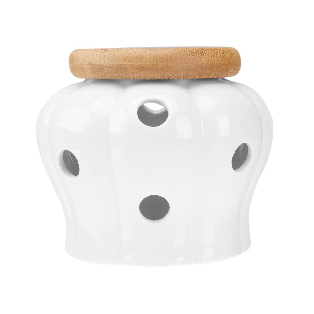 bestonzon white ceramic canister jar container for food storage with bamboo lid,kitchen canister with hole,garlic and ginger 