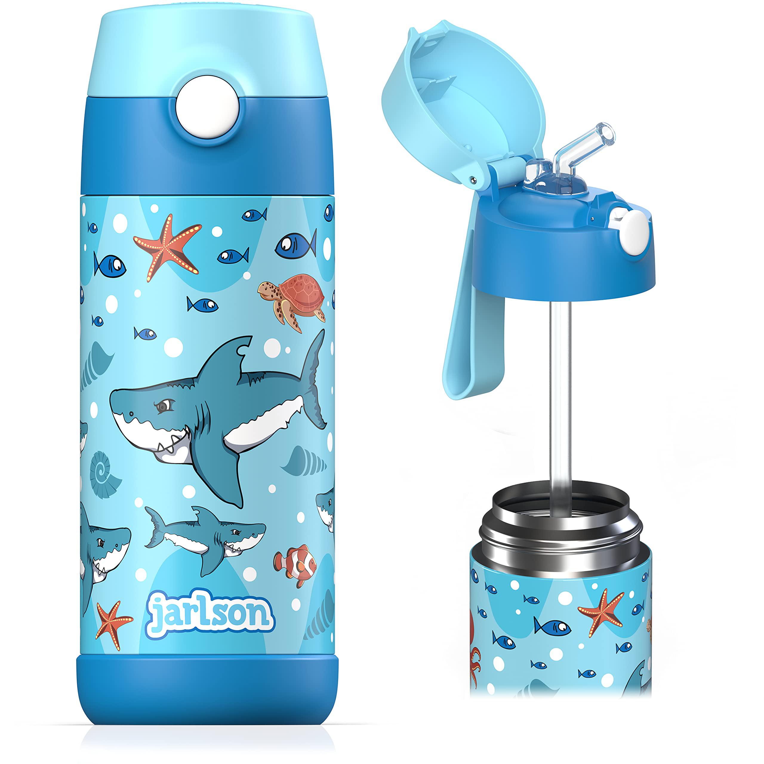 jarlson kids water bottle with straw - charli - insulated stainless steel  water bottle - thermos - girls/boys (shark 'star