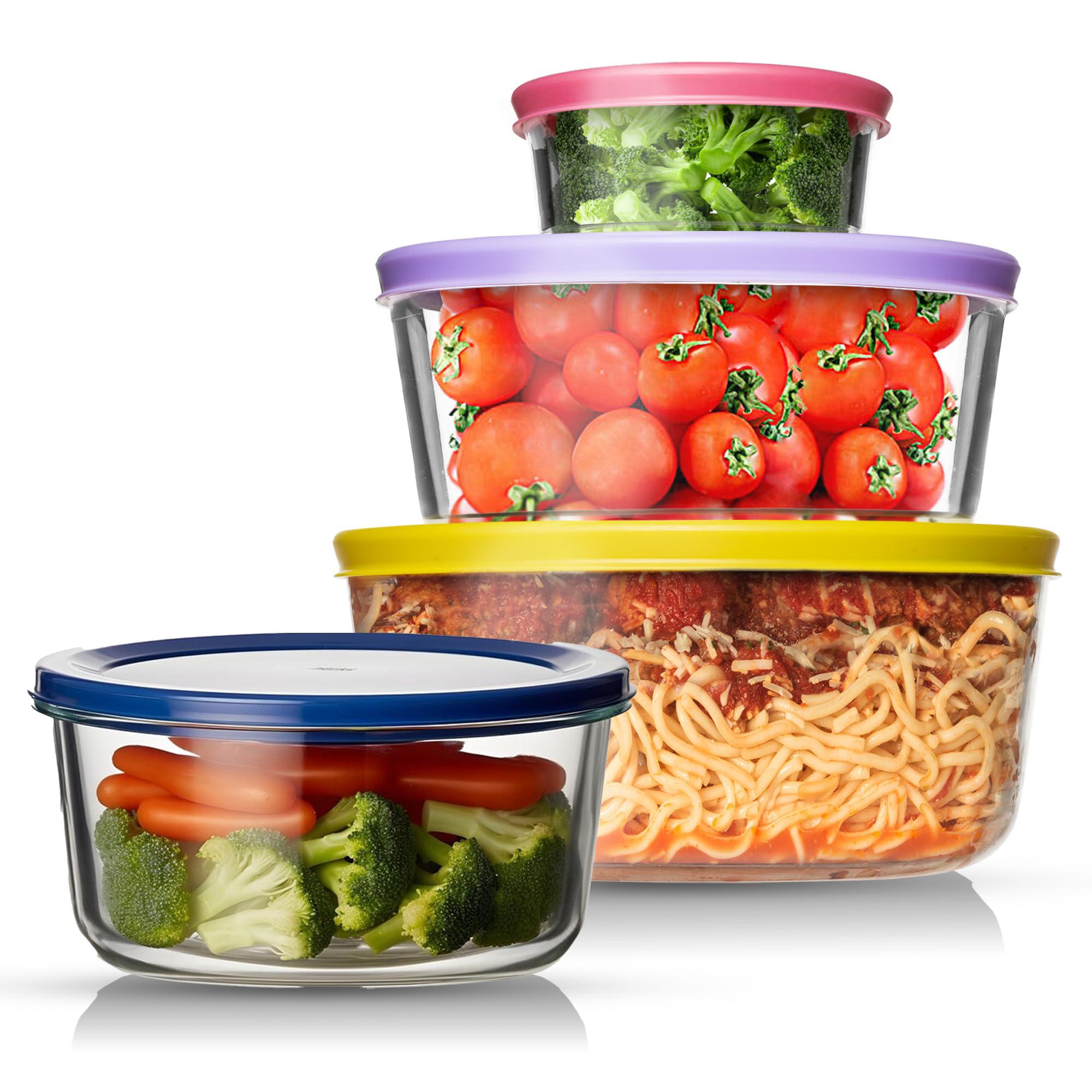 razab 12 pc glass food storage container set with lids 7, 4, 2 &1 cup round meal prep, secure lid containers for lunch & left