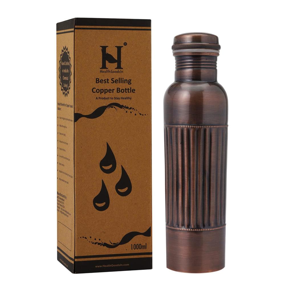 HealthGoodsIn pure copper bottle premium antique finish, 950 ml (32.12 fl oz) capacity for ayurveda health benefits - lining pattern