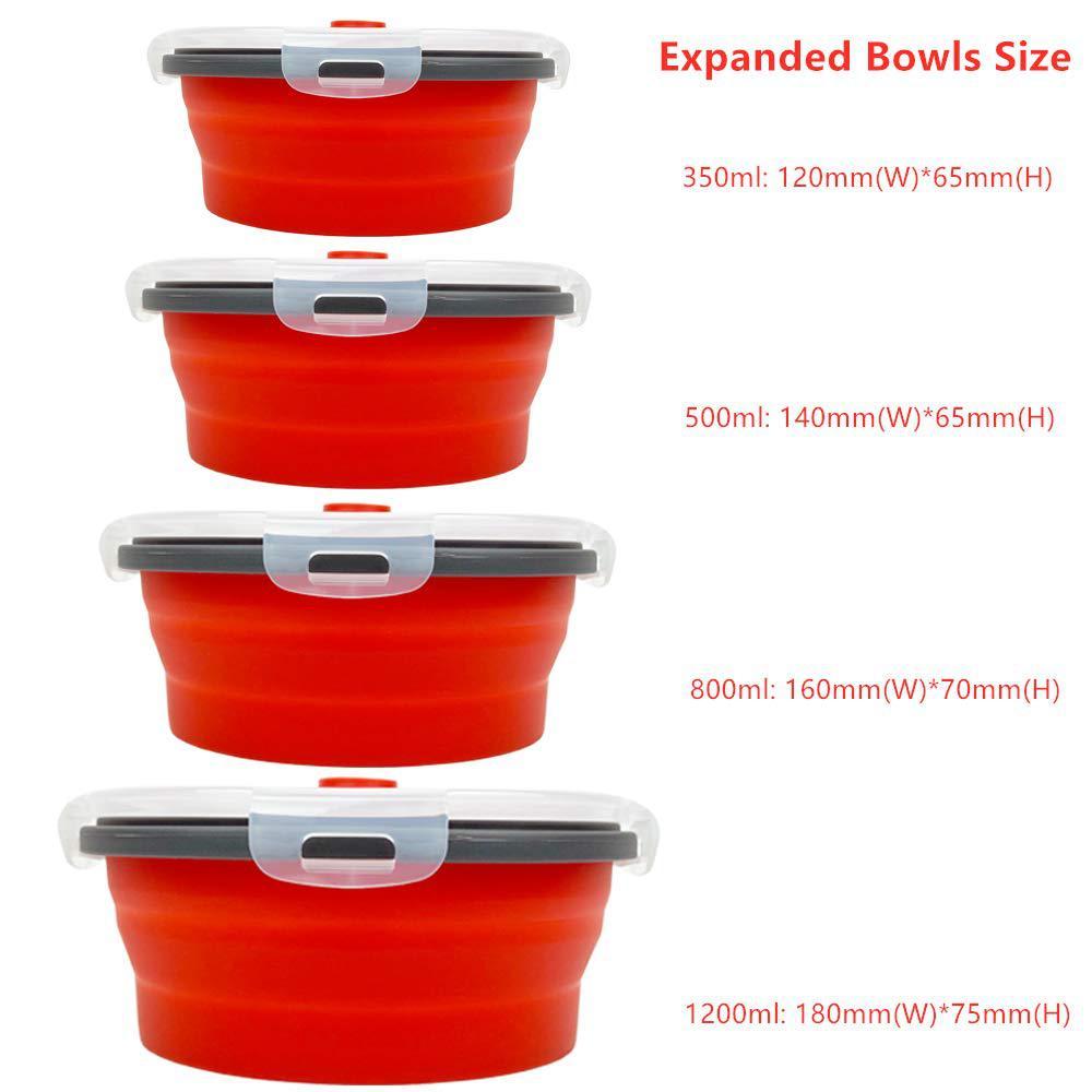 cartints red collapsible food storage bowls silicone travel bowls with leakproof lids, microwave and freezer safe, set of 4