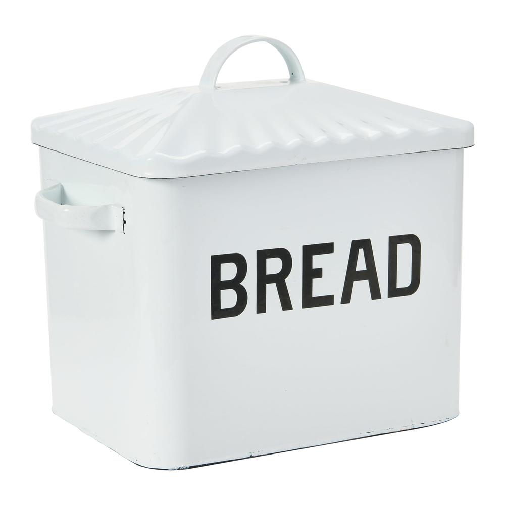creative co-op farmhouse enameled metal bread box with "bread" message, white