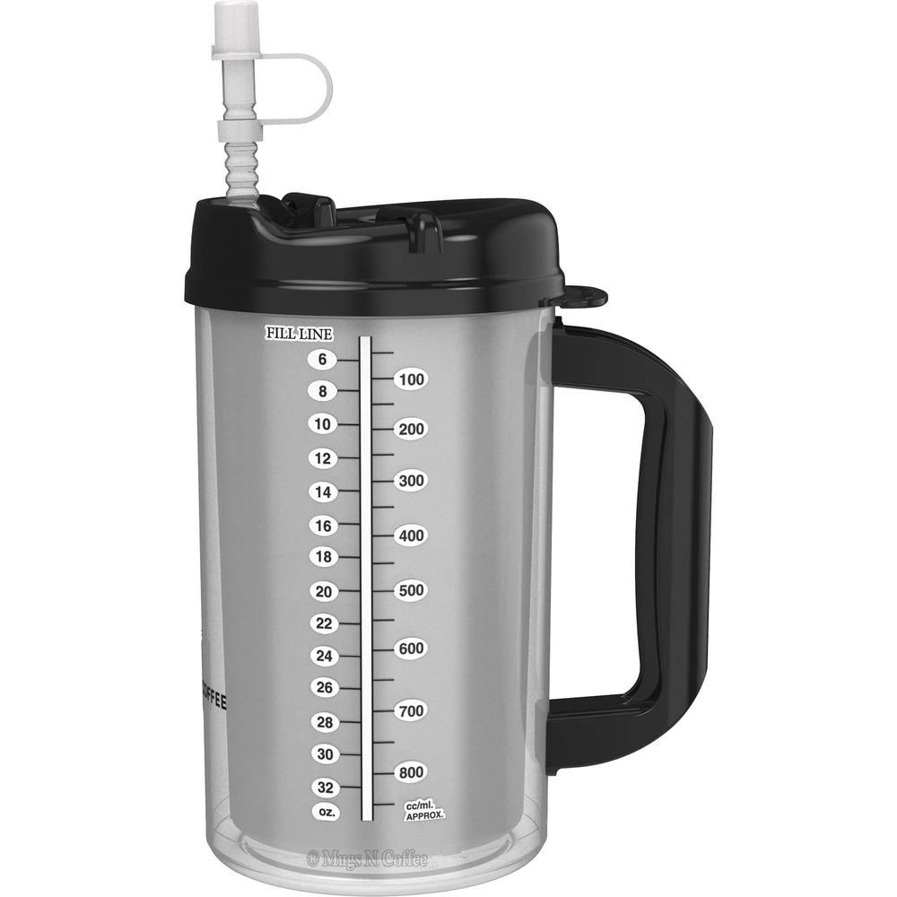 Mugs N Coffee (2) 32 oz hospital mugs with black lids - insulated cold drink travel mugs