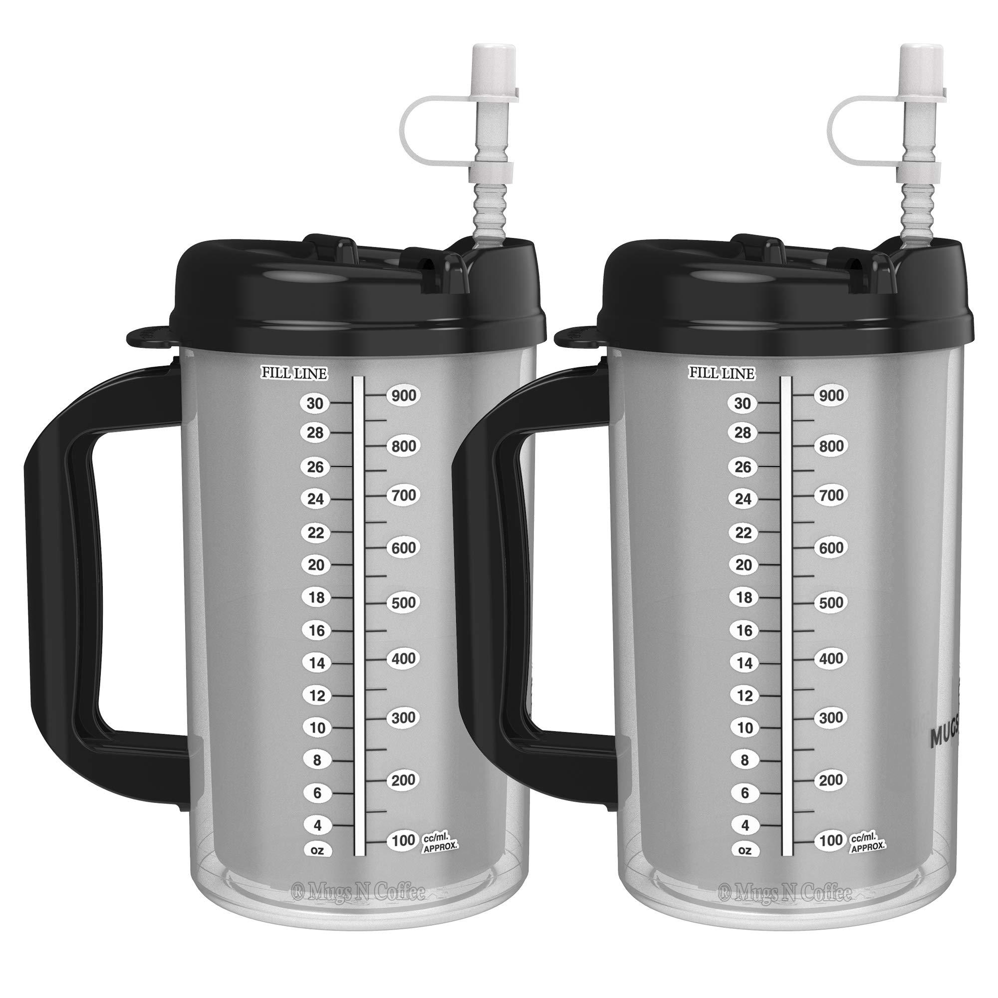 Mugs N Coffee (2) 32 oz hospital mugs with black lids - insulated cold drink travel mugs