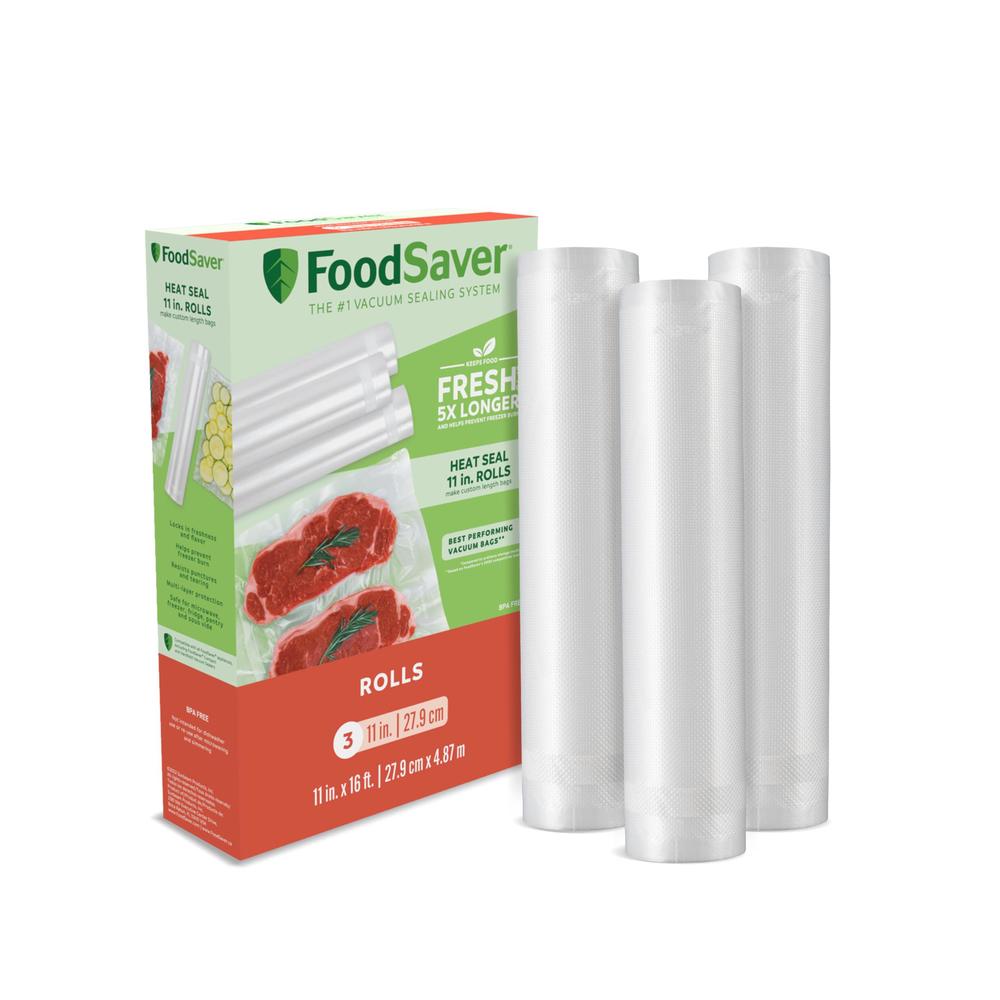 foodsaver vacuum sealer bags, rolls for custom fit airtight food storage and sous vide, 11" x 16' (pack of 3)