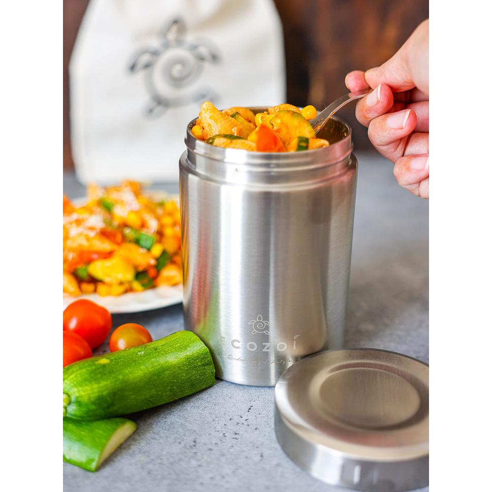 ecozoi stainless steel insulated lunch box, food jar - vacuum insulated thermos, 17 oz + spork + lunch bag