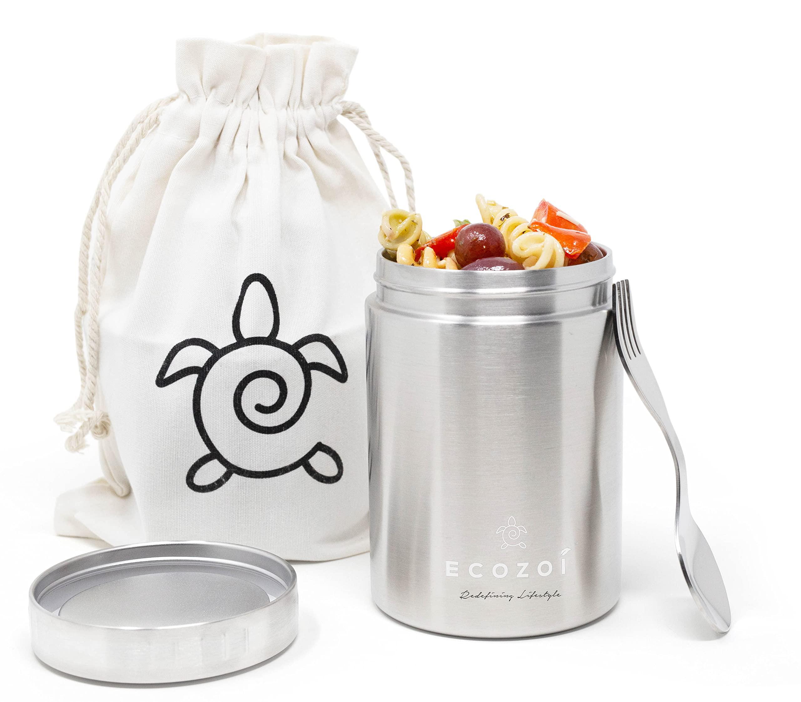 ecozoi stainless steel insulated lunch box, food jar - vacuum insulated thermos, 17 oz + spork + lunch bag