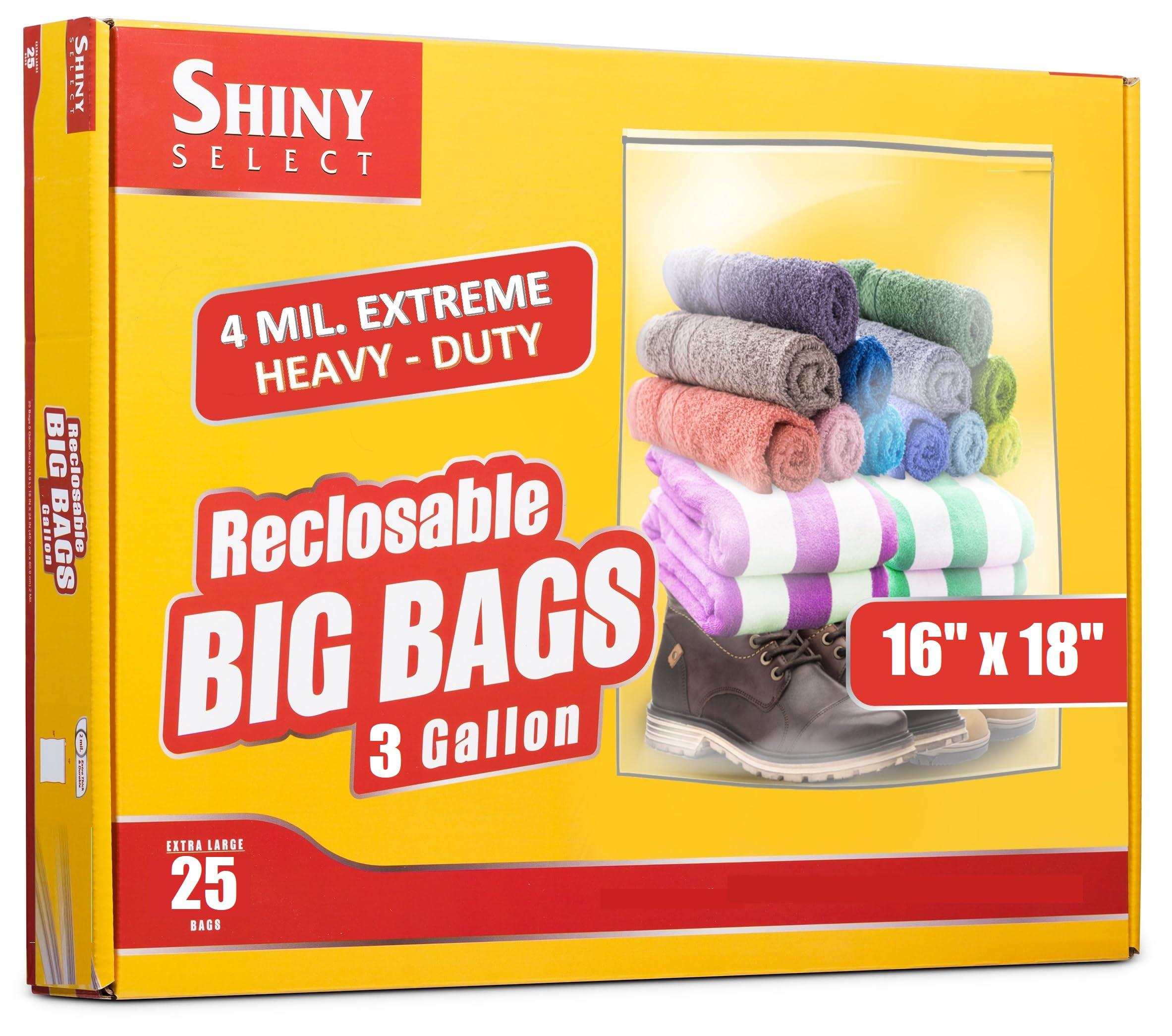 Shiny Select 25 count large 3 gallon big storage bags - 4 mill. extreme thick - heavy duty clear plastic, for food freezer lunch - strong 