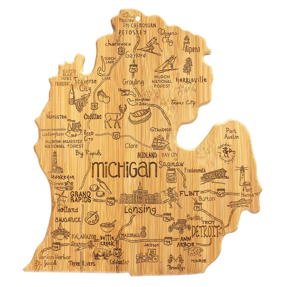 totally bamboo destination michigan state shaped serving and cutting board, includes hang tie for wall display