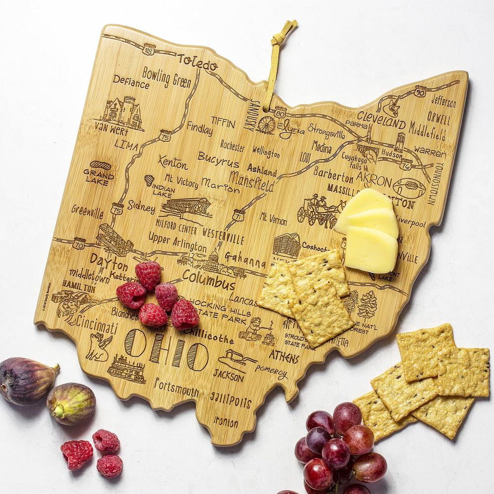 totally bamboo destination ohio state shaped serving and cutting board, includes hang tie for wall display