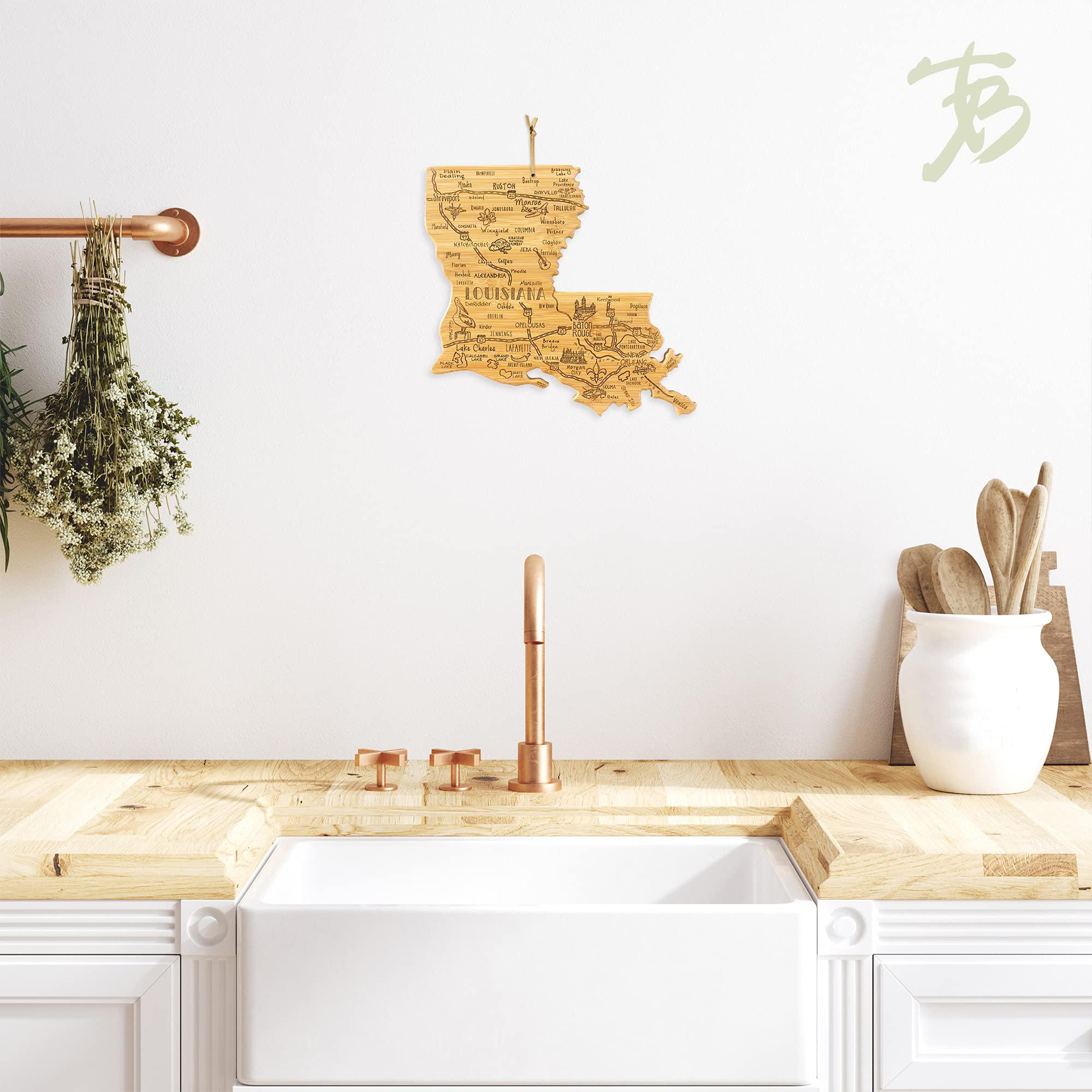 totally bamboo destination louisiana state shaped serving and cutting board, includes hang tie for wall display