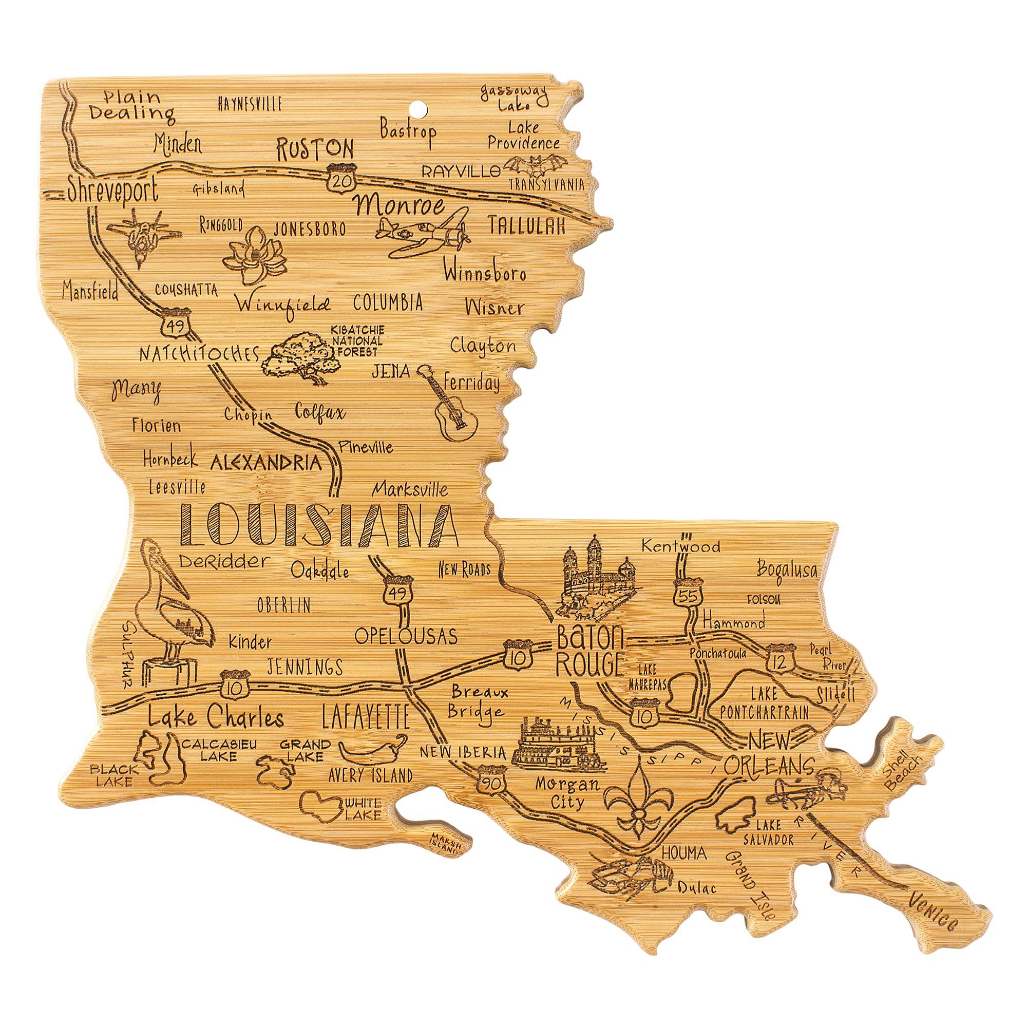 totally bamboo destination louisiana state shaped serving and cutting board, includes hang tie for wall display