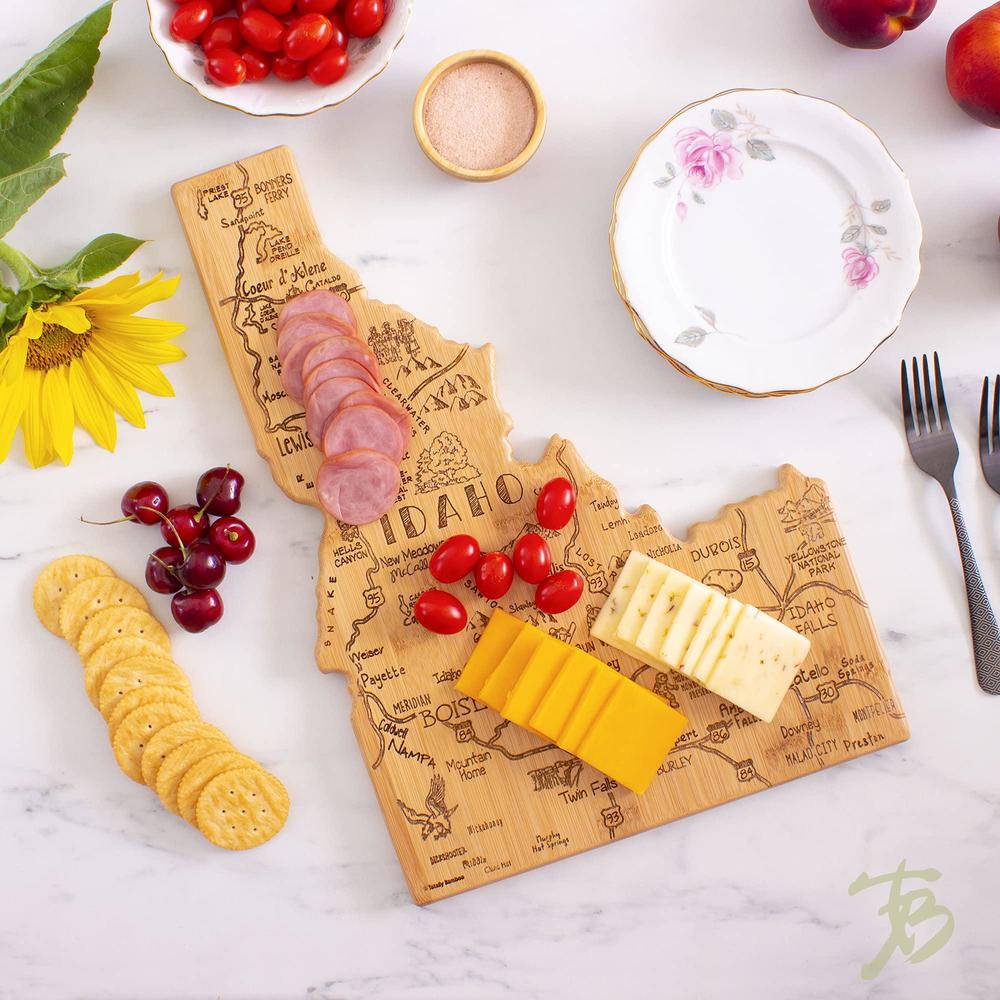totally bamboo destination idaho state shaped serving and cutting board, includes hang tie for wall display