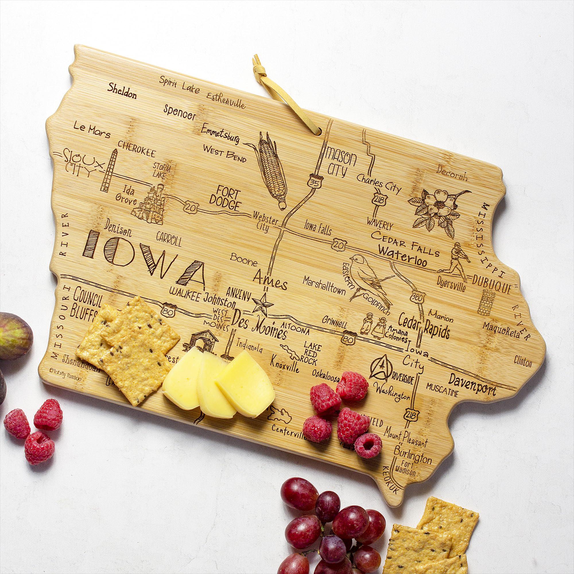 totally bamboo destination iowa state shaped serving and cutting board, includes hang tie for wall display