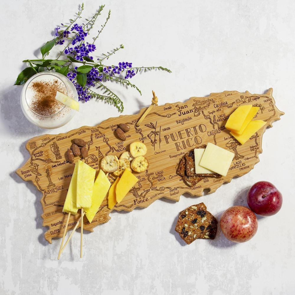 totally bamboo destination puerto rico shaped serving and cutting board, includes hang tie for wall display