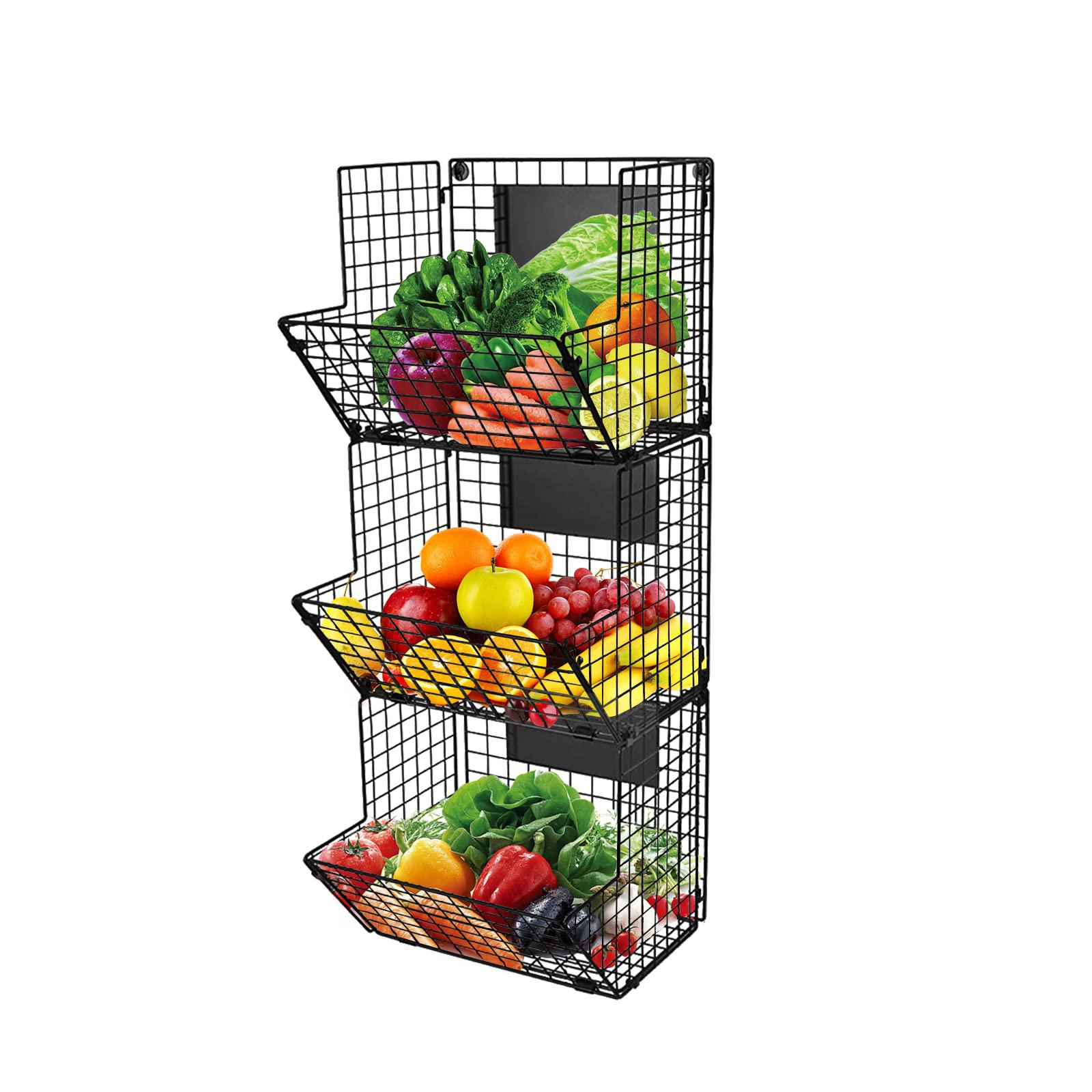 Melody House 3-tier wall mounted storage basket foldable organizer, hanging metal wire basket with chalkboards, kitchen fruit produce pant