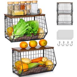 dtuqyx 2 tier fruit basket for kitchen counter, hanging fruit baskets for kitchen, wall basket storage with hooks, stackable wire ba