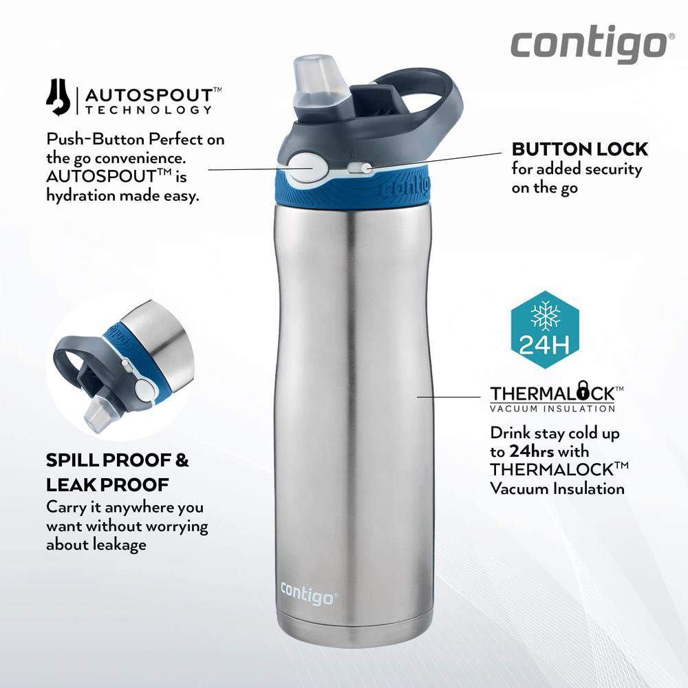 contigo ashland chill autospout water bottle with flip straw, stainless steel thermal drinking bottle,leakproof,grey, blue, 5