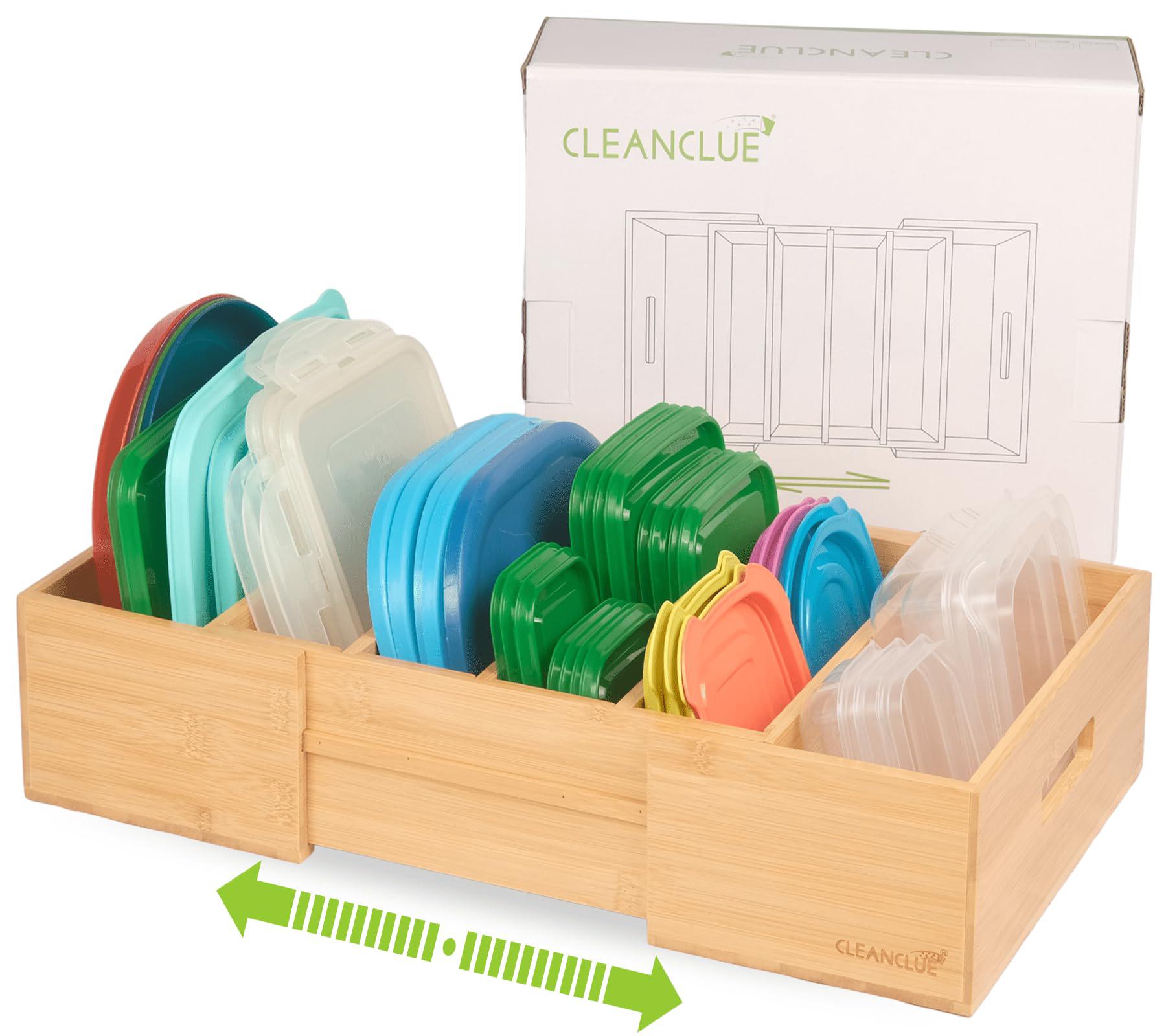 cLEANcLUE cleanclue expandable kitchen cabinet organizer for food storage  container lids, bamboo drawer caddy adjustable dividers, box