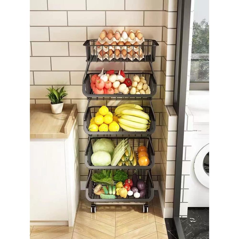 okzest 5-tier fruit basket | stackable wire storage rack on wheels for fruit vegetable produce onion potato snack | small rol