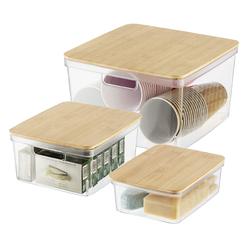 oggi clear stackable storage bin with bamboo lid, set of 3 - ideal for kitchen, pantry, cabinet, bathroom, bedroom, kids, ref