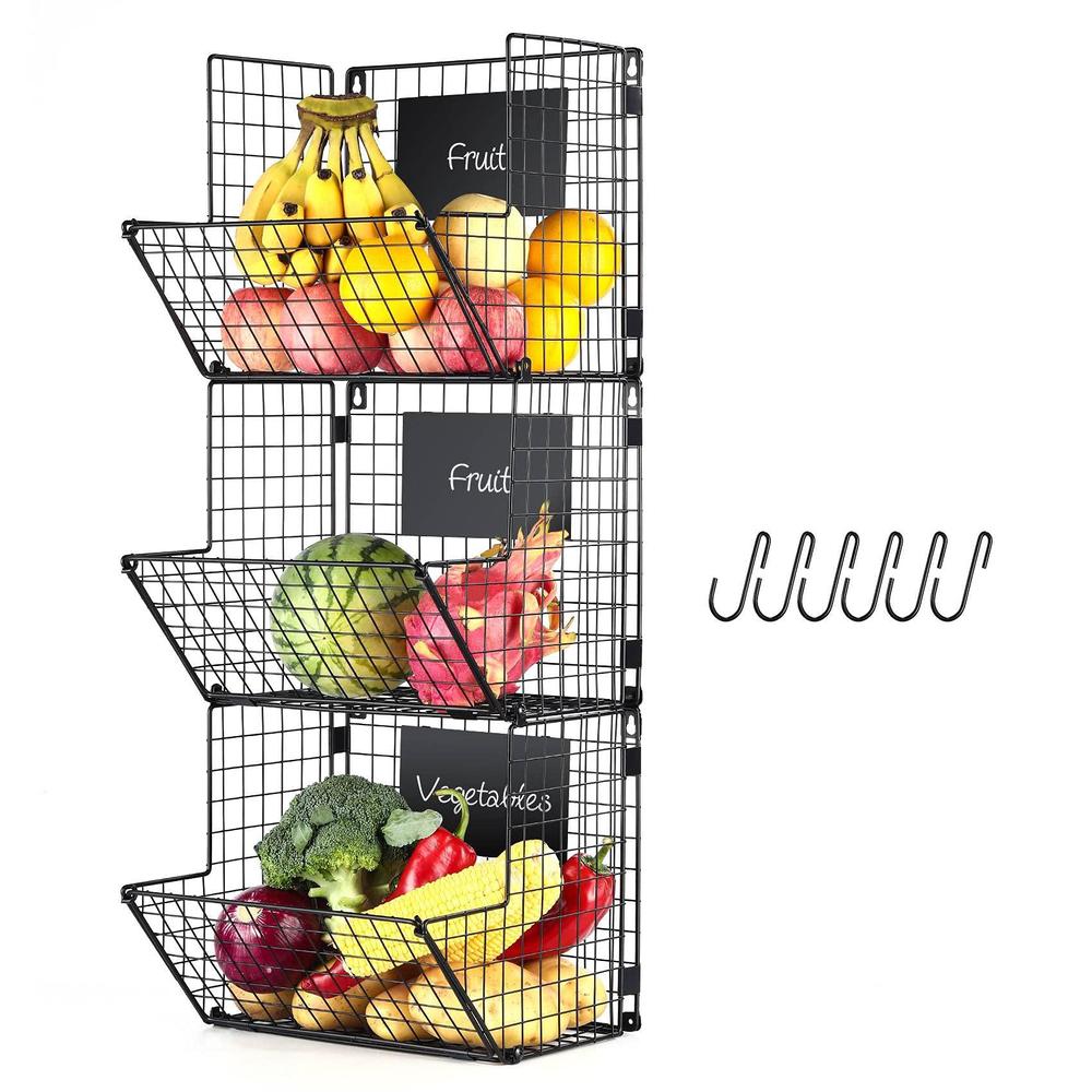 Epicano metal wire basket wall mount,3-tier hanging basket fruit organizer with removable hooks chalkboards, rustic fruit vegetable s