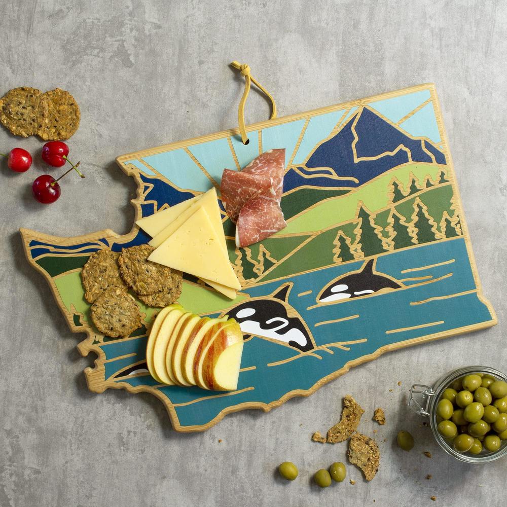 totally bamboo washington state shaped cutting board and charcuterie serving platter with artwork by summer stokes, includes 