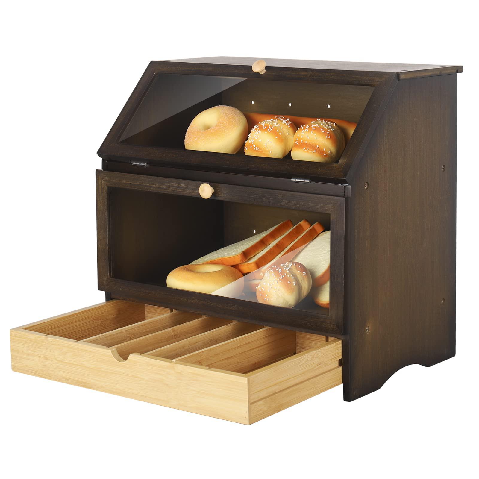 homekoko large bamboo two-layer bread box with drawer, double layers large bread box for kitchen counter, wooden large capaci