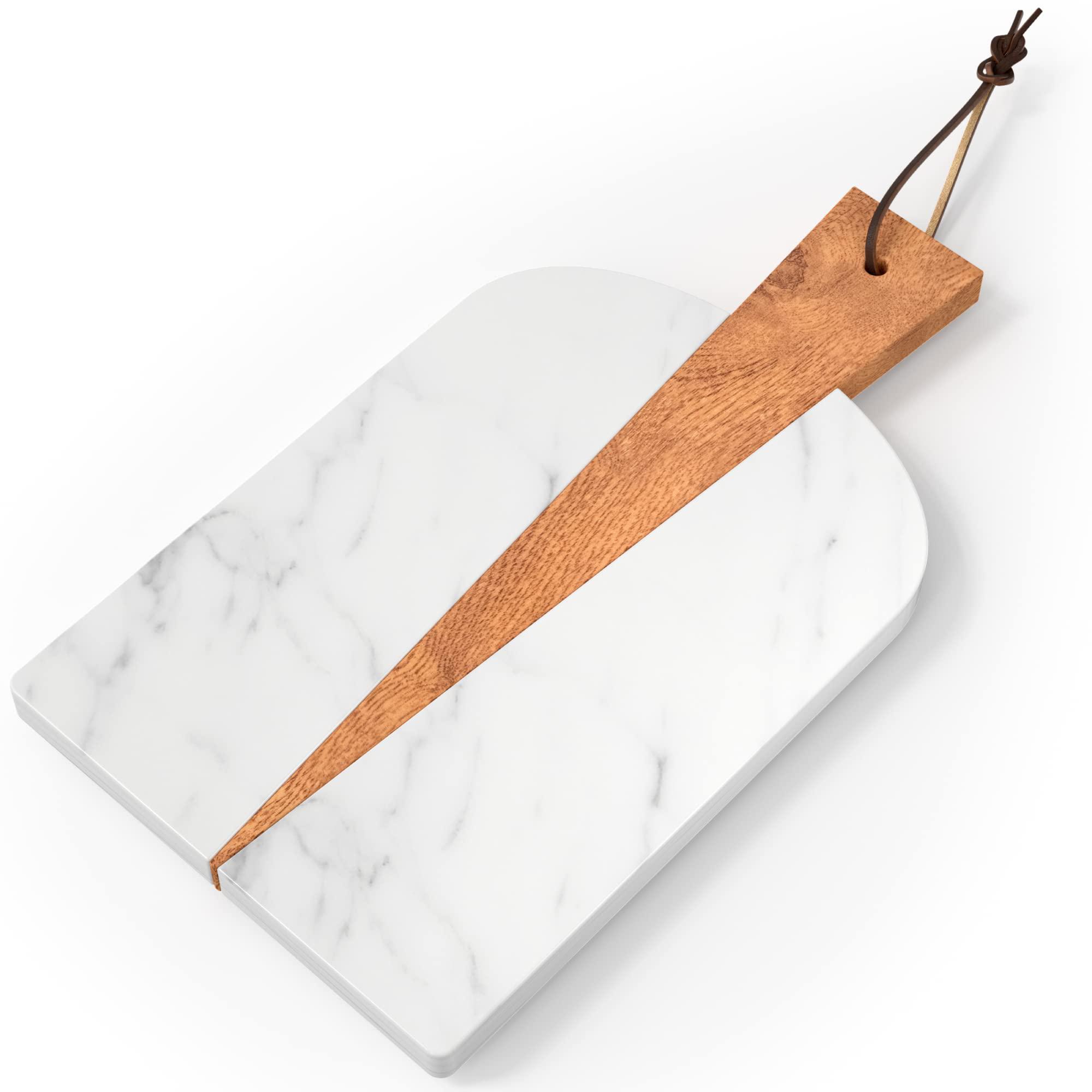 american atelier cutting board serving tray, 15", white marble and wood
