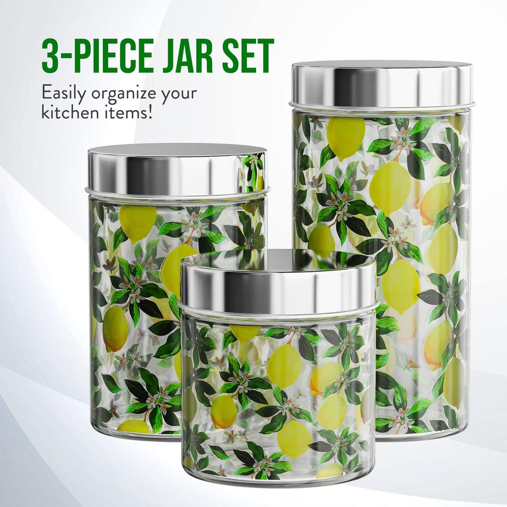 american atelier glass jars | set of 3 | lemon design | airtight metal lid | food storage containers | for coffee, beans, and