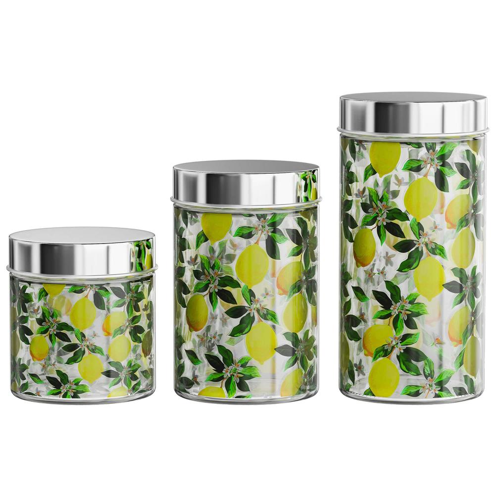 american atelier glass jars | set of 3 | lemon design | airtight metal lid | food storage containers | for coffee, beans, and