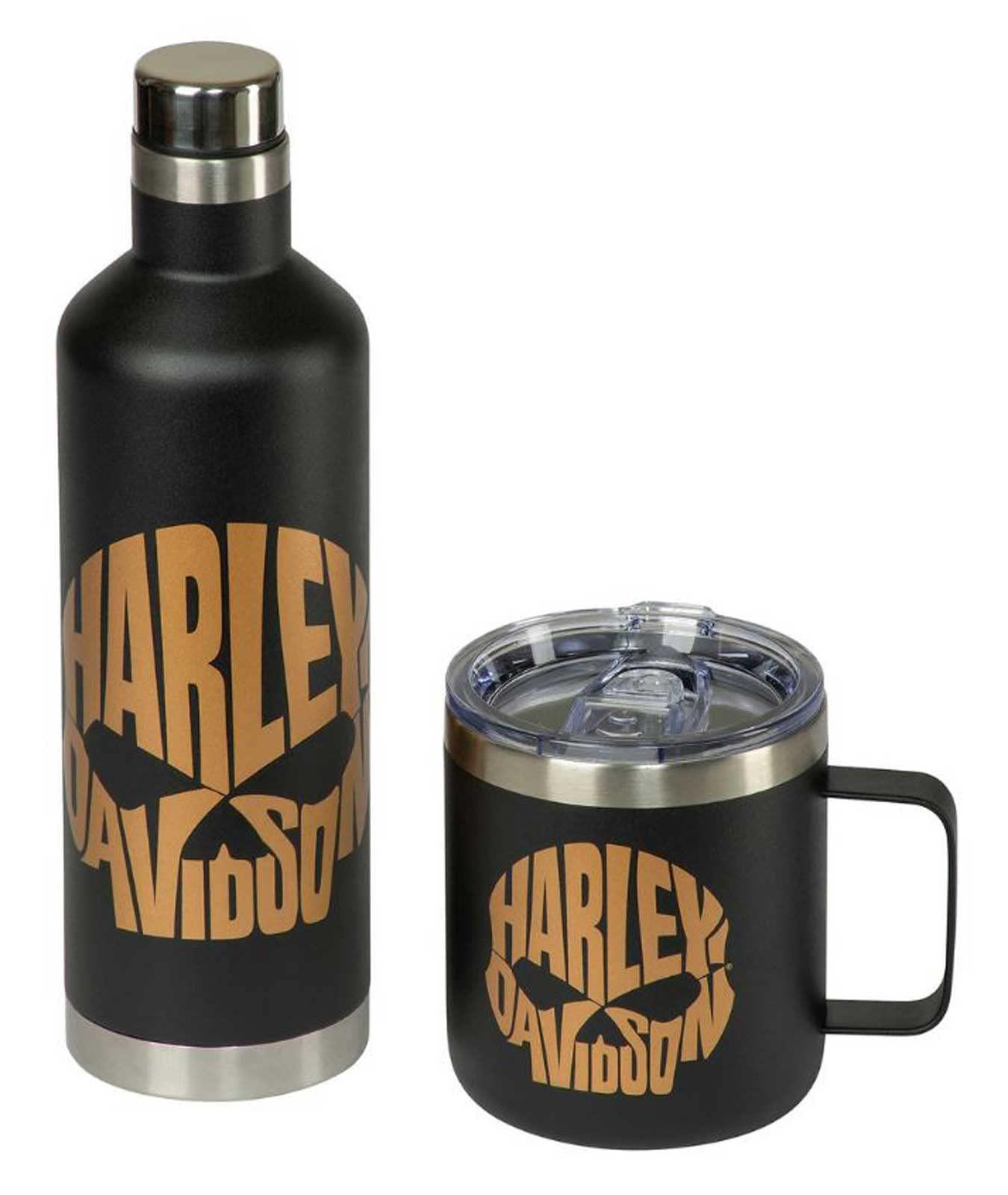 harley-davidson copper skull travel mug & water bottle set - stainless steel