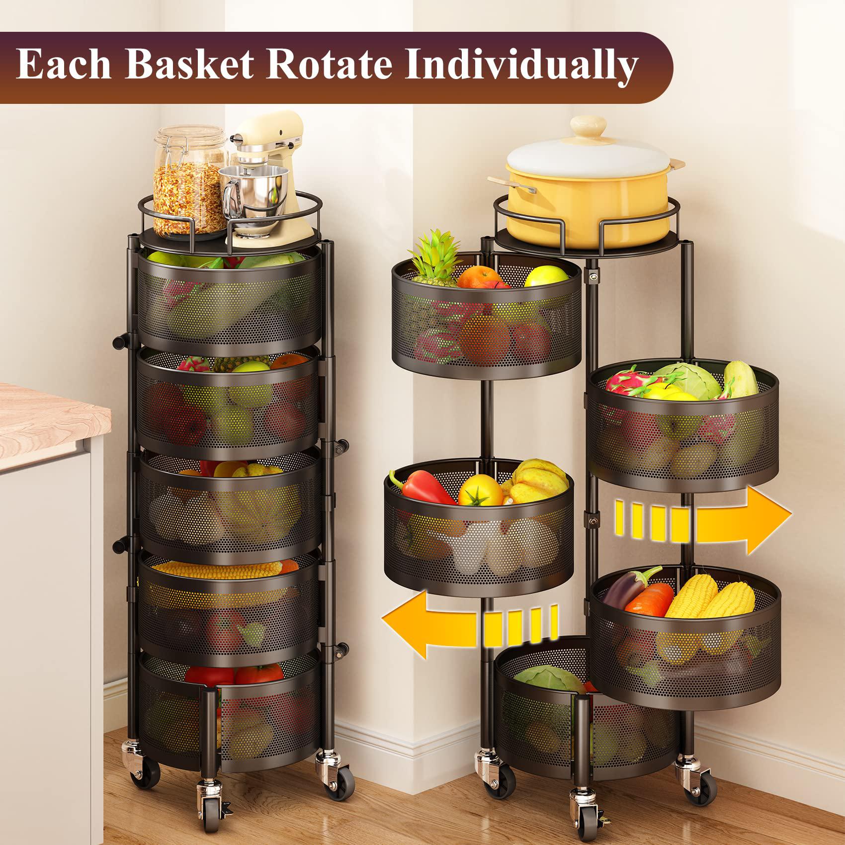 sntd fruit and vegetable basket bowls for kitchen with metal top lid, sntd 5 tier rotating storage rack cart for potato onion brea